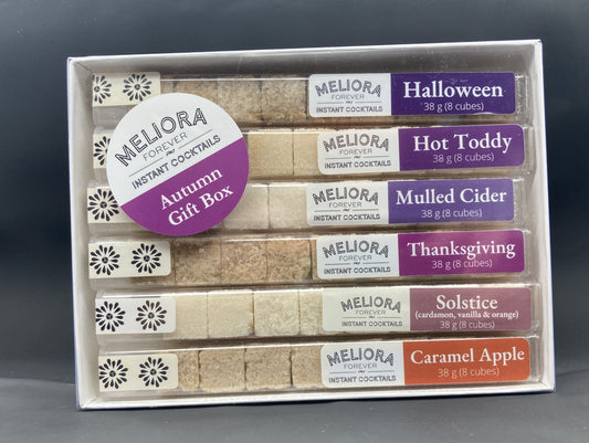 instant cocktail cubes, including 6 different flavors. Sugar cubes infused with bitters, fruits, and natural flavors. Each flavor is packaged in an 8-count tube. Flavors include Halloween (Pumpkin, Caramel, Maple), Thanksgiving (Cranberry, Orange, Cinnamon, Hint of Sage), Hot Toddy, Mulled Cider, Solstice and Caramel Apple.