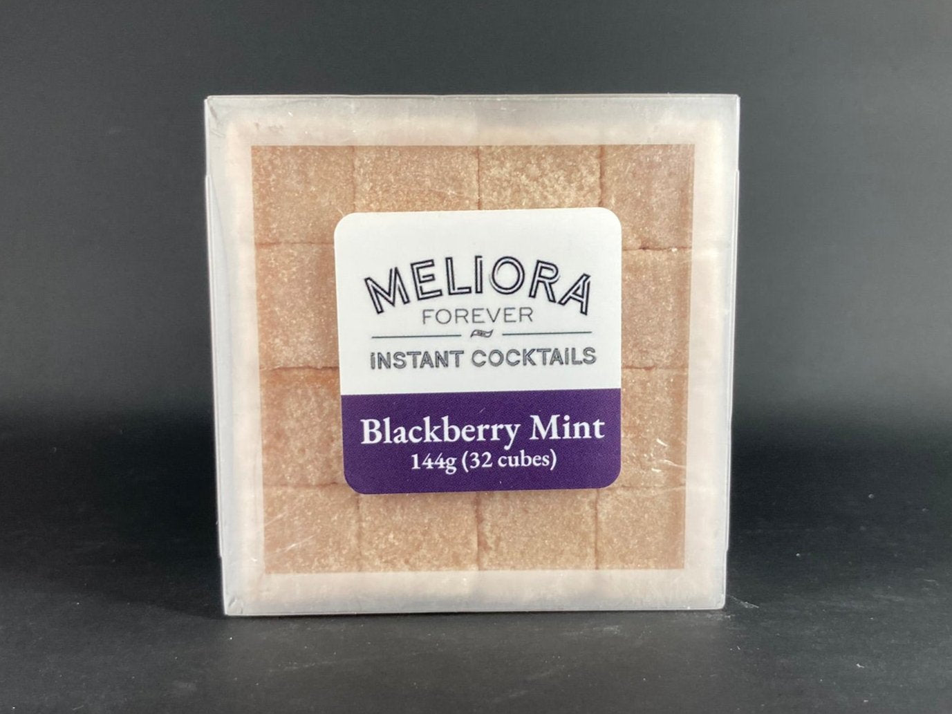 Instant cocktail cube to make a Blackberry Mint Cocktail, which includes Cane sugar, Angostura Aromatic bitters, blackberry powder, mint extract, blackberry artisan flavor, blackberry extract, mint concentrate, mint powder. 32 Count Box