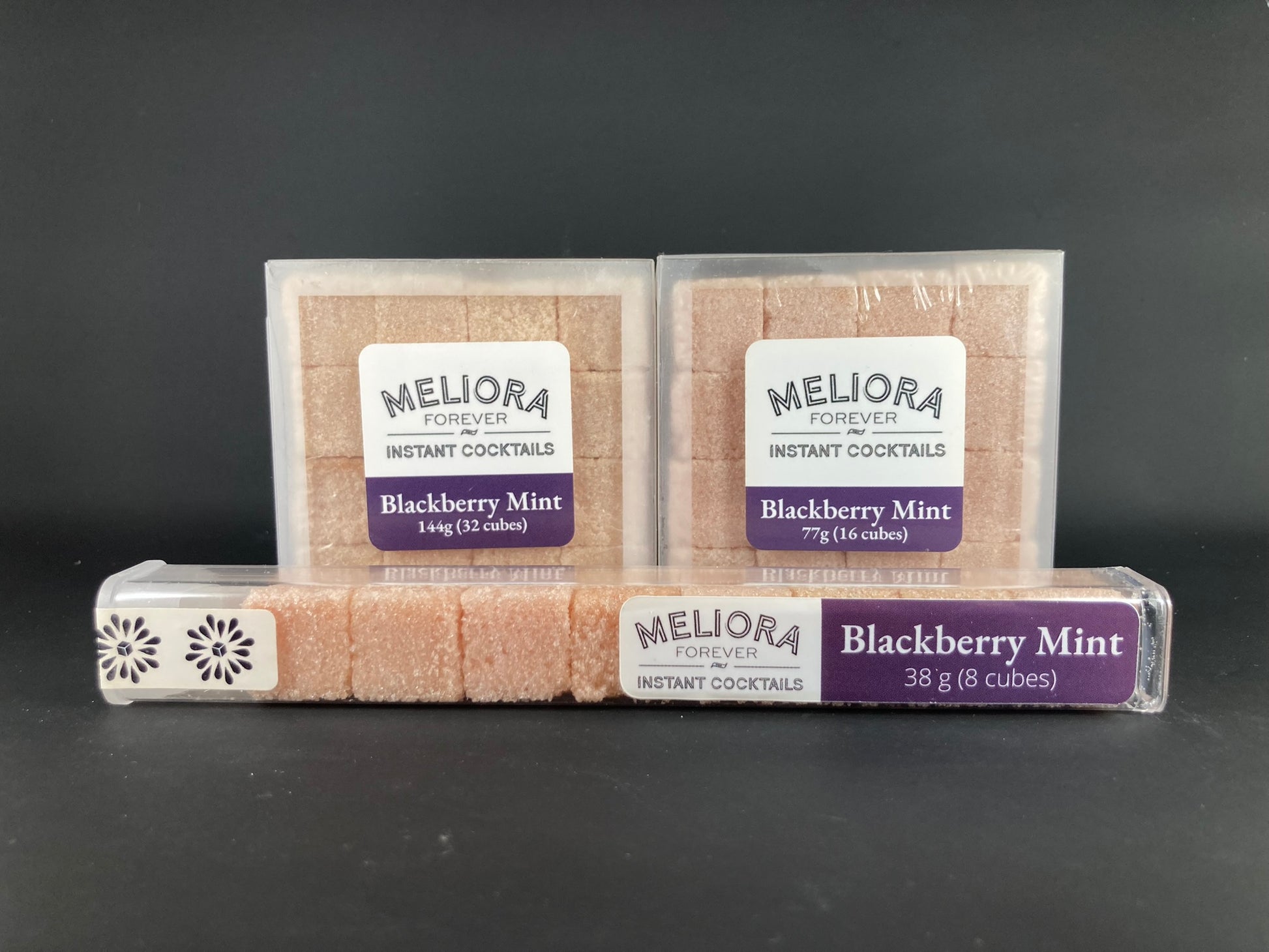 Instant cocktail cube to make a Blackberry Mint Cocktail, which includes Cane sugar, Angostura Aromatic bitters, blackberry powder, mint extract, blackberry artisan flavor, blackberry extract, mint concentrate, mint powder. 8 Count Tube, 16 Count Box and 32 Count Box
