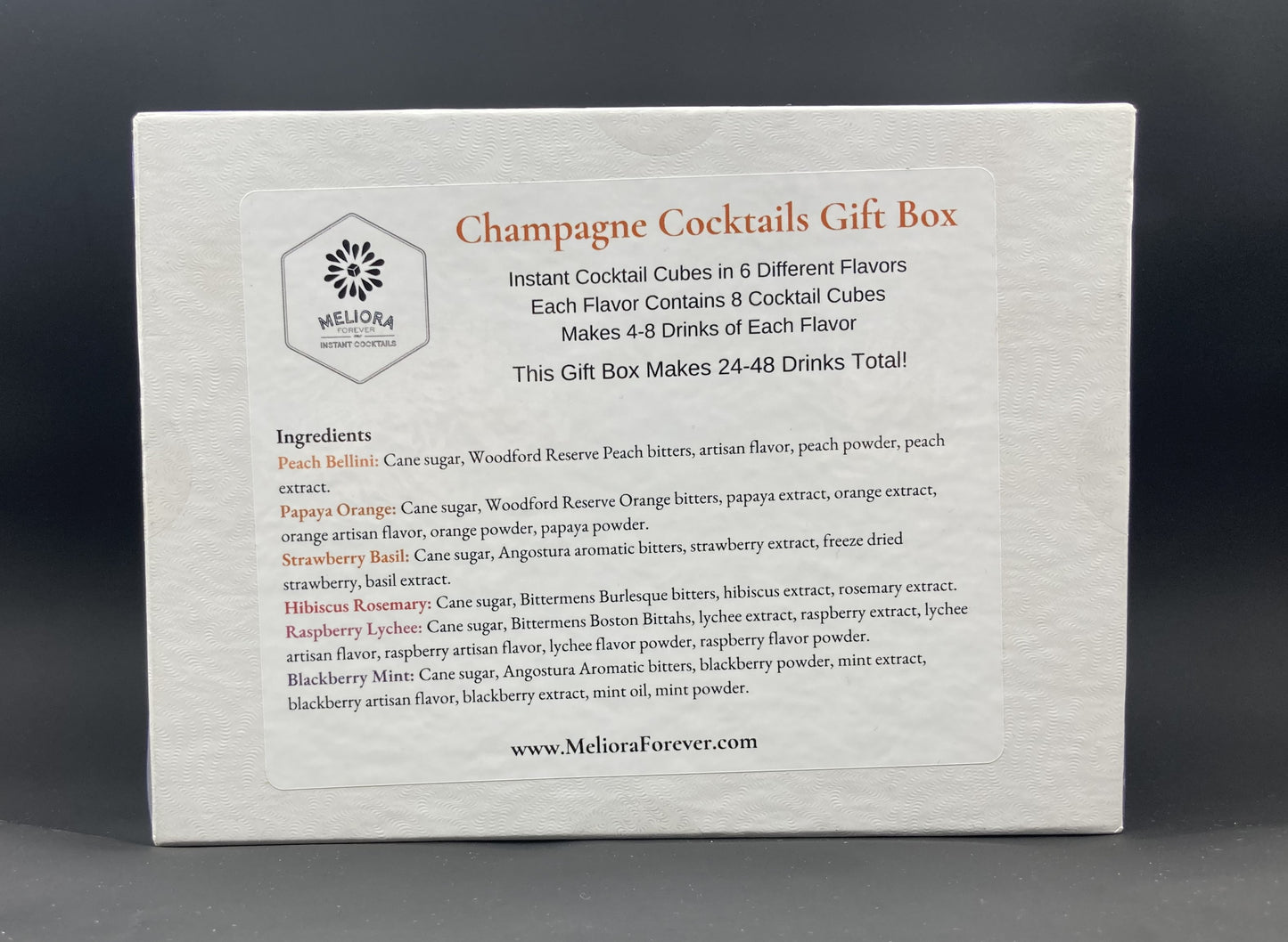 instant cocktail cubes, including 6 different flavors. Sugar cubes infused with bitters, fruits, and natural flavors. Each flavor is packaged in an 8-count tube. Flavors include Peach Bellini, Papaya Orange, Strawberry Basil, Hibiscus Rosemary, Raspberry Lychee and Blackberry Mint.