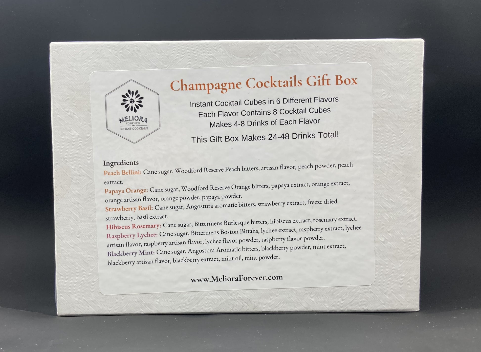 instant cocktail cubes, including 6 different flavors. Sugar cubes infused with bitters, fruits, and natural flavors. Each flavor is packaged in an 8-count tube. Flavors include Peach Bellini, Papaya Orange, Strawberry Basil, Hibiscus Rosemary, Raspberry Lychee and Blackberry Mint.