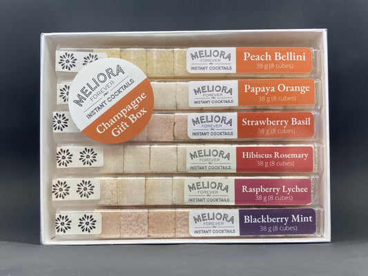 instant cocktail cubes, including 6 different flavors. Sugar cubes infused with bitters, fruits, and natural flavors. Each flavor is packaged in an 8-count tube. Flavors include Peach Bellini, Papaya Orange, Strawberry Basil, Hibiscus Rosemary, Raspberry Lychee and Blackberry Mint.