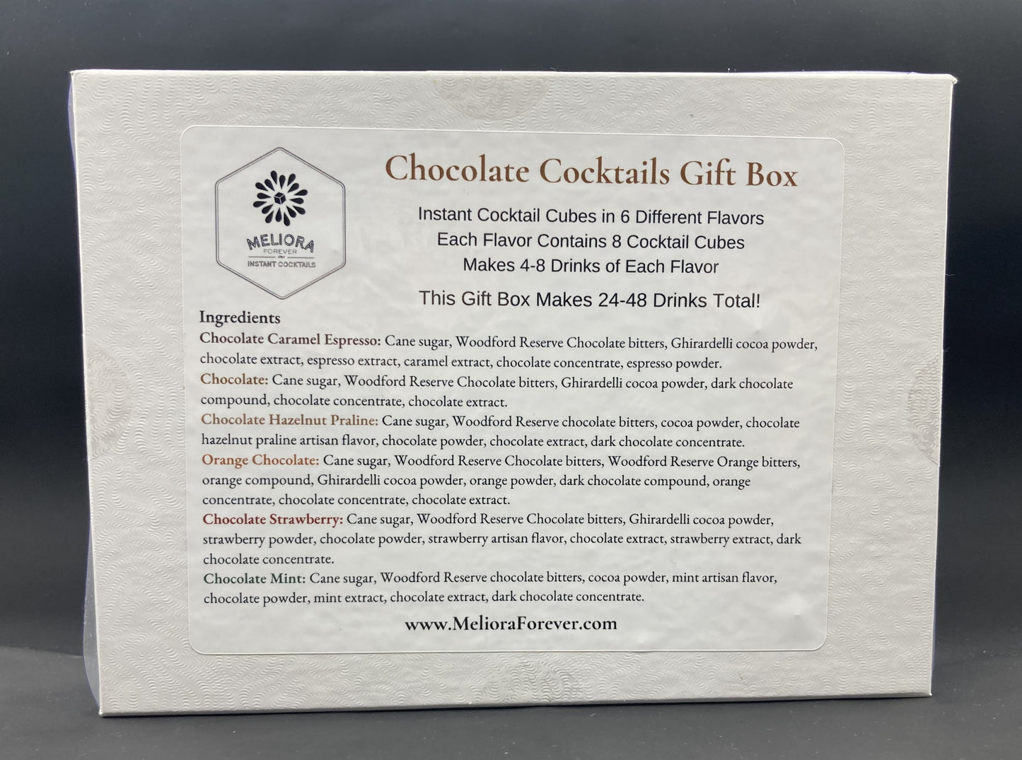 instant cocktail cubes, including 6 different flavors. Sugar cubes infused with bitters, fruits, and natural flavors. Each flavor is packaged in an 8-count tube. Flavors include Chocolate Caramel Espresso, Chocolate, Chocolate Hazelnut Praline, Orange Chocolate, Chocolate Strawberry and Chocolate Mint.