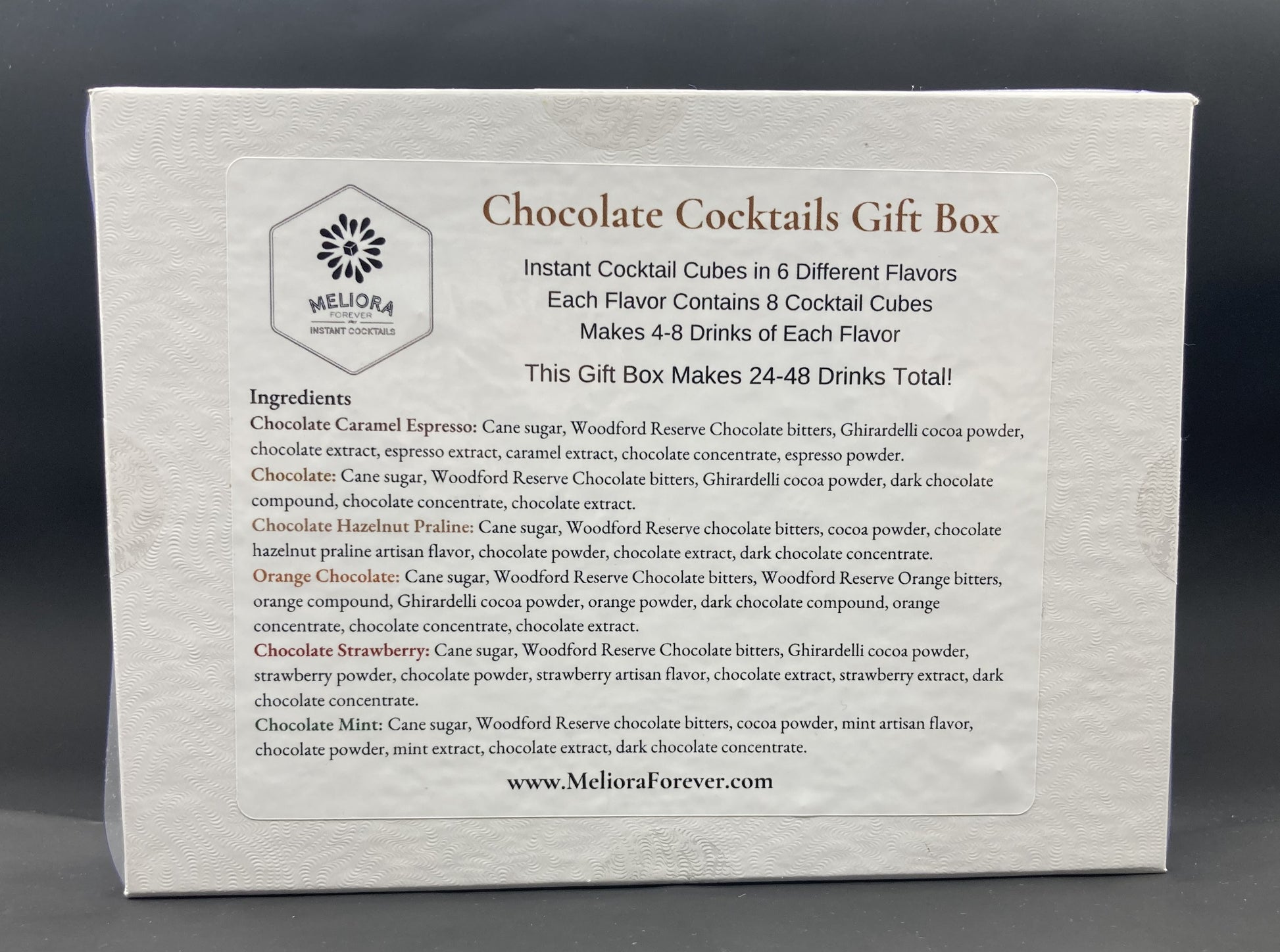 instant cocktail cubes, including 6 different flavors. Sugar cubes infused with bitters, fruits, and natural flavors. Each flavor is packaged in an 8-count tube. Flavors include Chocolate Caramel Espresso, Chocolate, Chocolate Hazelnut Praline, Orange Chocolate, Chocolate Strawberry and Chocolate Mint.