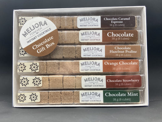 instant cocktail cubes, including 6 different flavors. Sugar cubes infused with bitters, fruits, and natural flavors. Each flavor is packaged in an 8-count tube. Flavors include Chocolate Caramel Espresso, Chocolate, Chocolate Hazelnut Praline, Orange Chocolate, Chocolate Strawberry and Chocolate Mint.