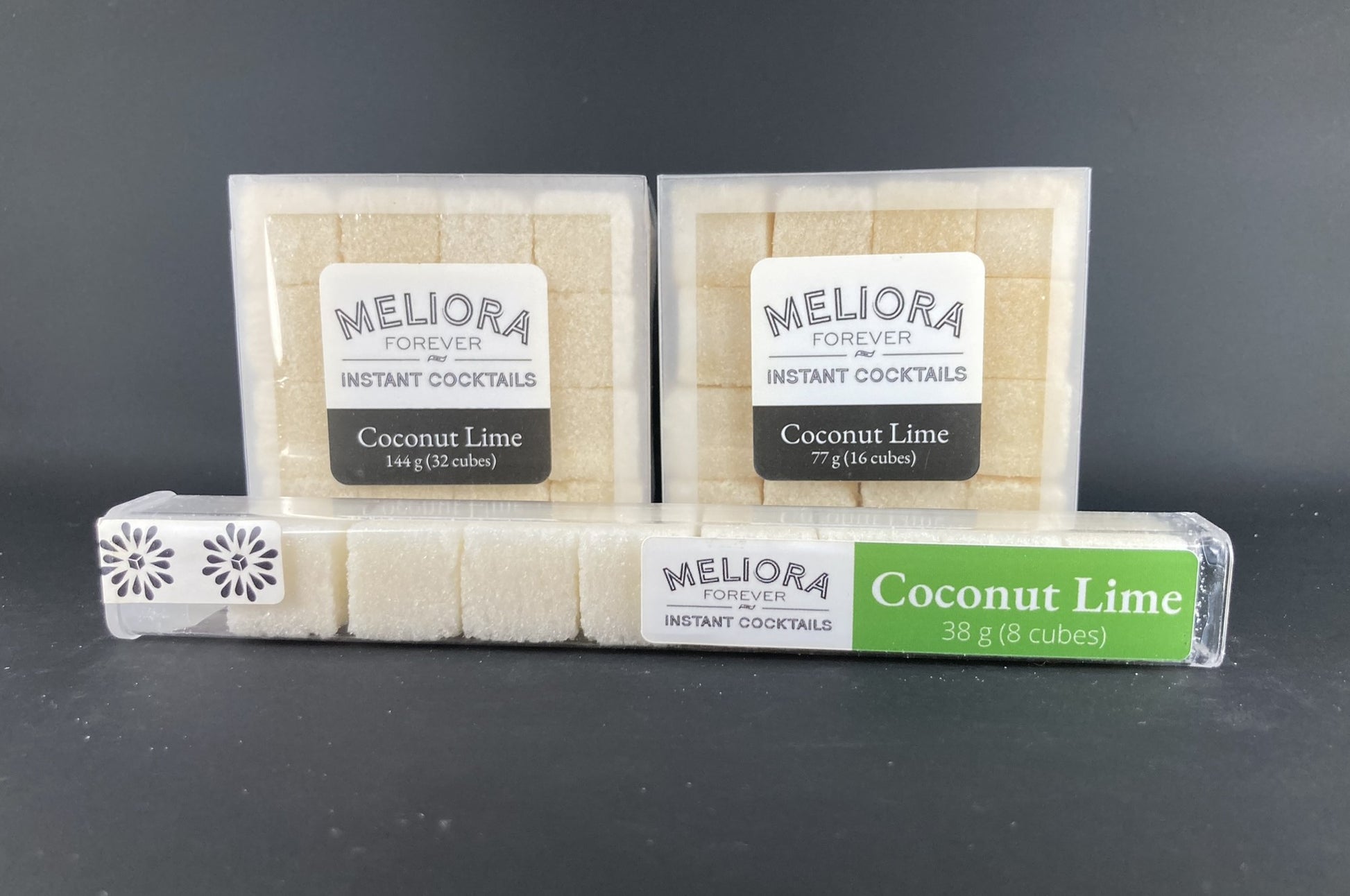 Instant cocktail cube to make a Coconut Lime Cocktail, which includes Cane sugar, Scrappy's Lime bitters, coconut powder, lime powder, lime oil, coconut concentrate, coconut cream extract.