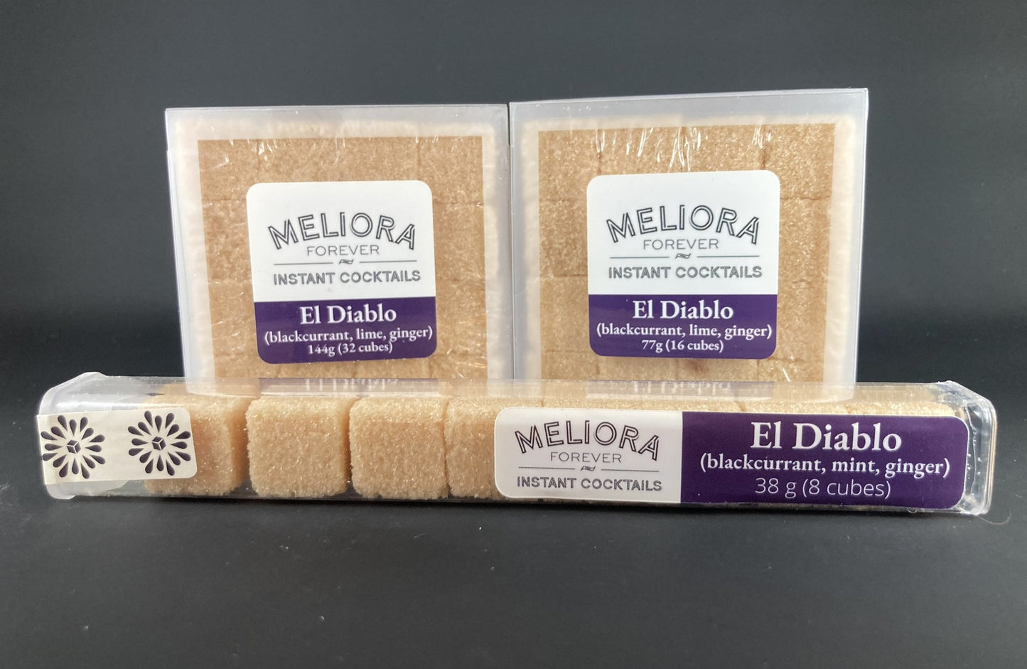 Instant cocktail cube to make a El Diablo (Blackcurrant, Lime, Ginger) Cocktail, which includes  Cane sugar, Bittermen's Buckspice Ginger bitters, blackcurrant artisan flavor, blackcurrant extract, lime oil, lime powder. 8 Count Tube, 16 Count Box and 32 Count Box