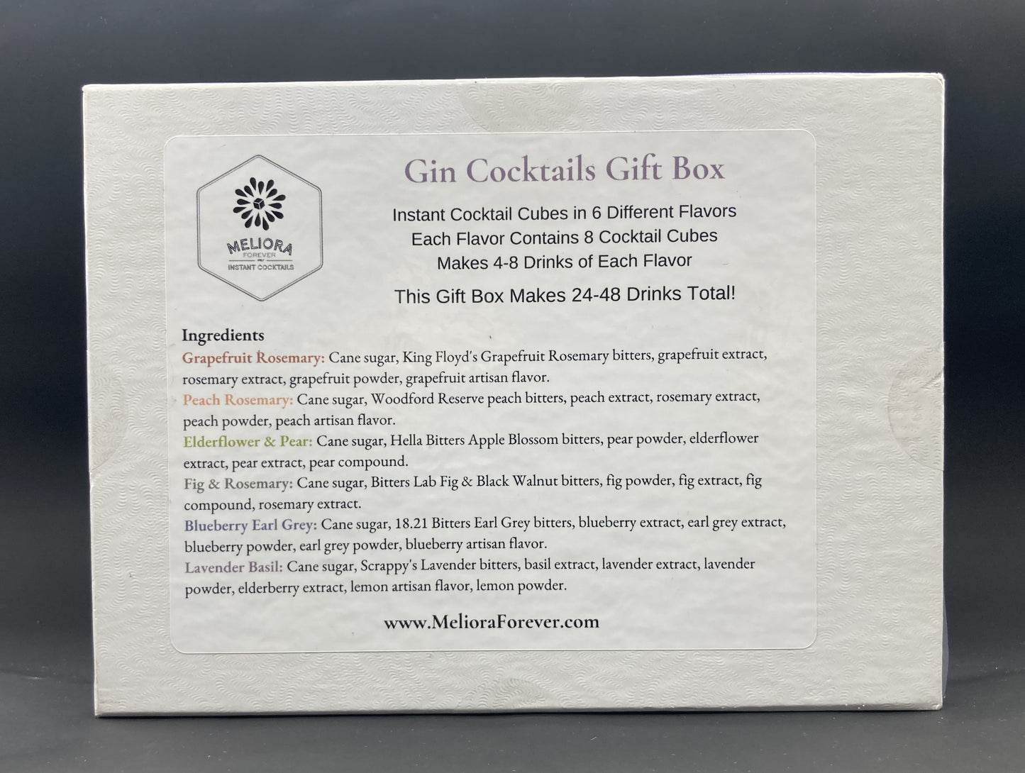 instant cocktail cubes, including 6 different flavors. Sugar cubes infused with bitters, fruits, and natural flavors. Each flavor is packaged in an 8-count tube. Flavors include Grapefruit Rosemary, Peach Rosemary, Elderflower & Pear, Fig & Rosemary, Blueberry Earl Grey and Lavender Basil.