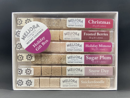 instant cocktail cubes, including 6 different flavors. Sugar cubes infused with bitters, fruits, and natural flavors. Each flavor is packaged in an 8-count tube. Flavors include Christmas (Black Walnut, Amaretto and Cherry), Frosted Berries (Cherry and Berries), Holiday Mimosa, Sugar Plum, Snow Day and Snickerdoodle.