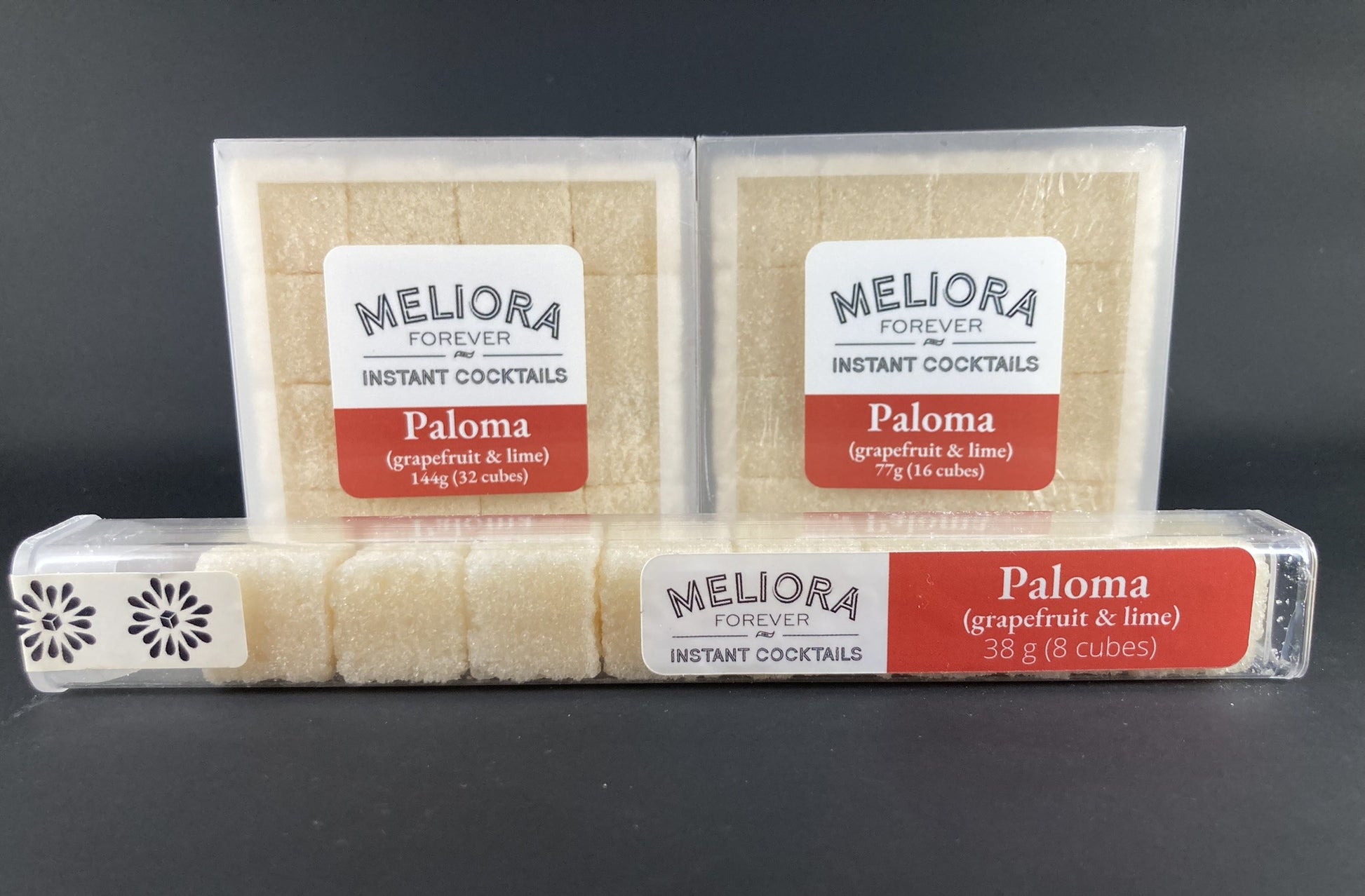 Instant cocktail cube to make a Paloma (Grapefruit & Lime) Cocktail, which includes  Cane sugar, Bittermen's Hopped Grapefruit bitters, grapefruit artisan flavor, lime oil, grapefruit powder, lime powder, grapefruit extract. 8 Count Tube, 16 Count Box and 32 Count Box