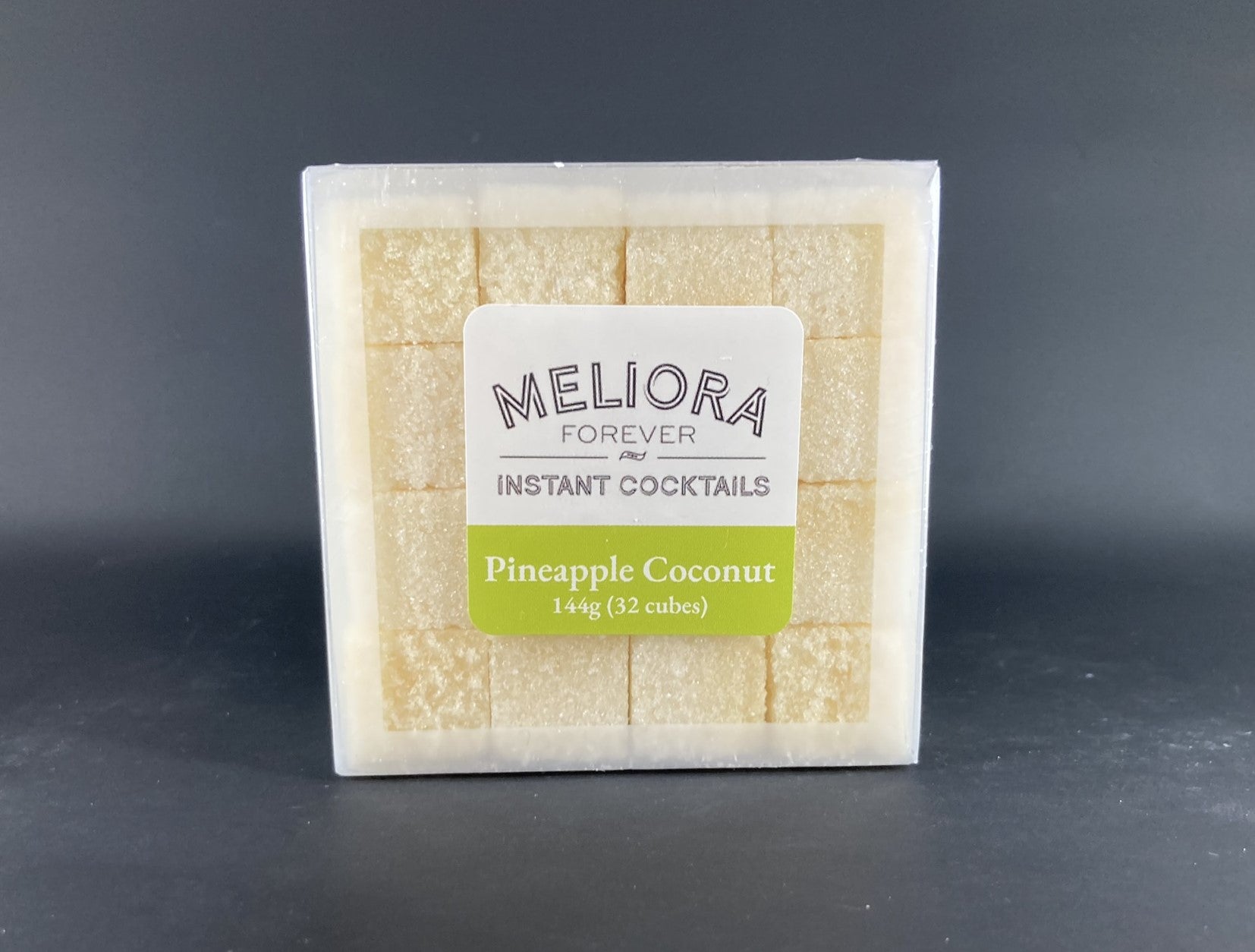 Instant cocktail cube to make a Pineapple  Coconut Cocktail, which includes Cane sugar, Scrappy's Lime bitters, coconut powder, lime powder, lime oil, coconut concentrate, coconut cream extract.