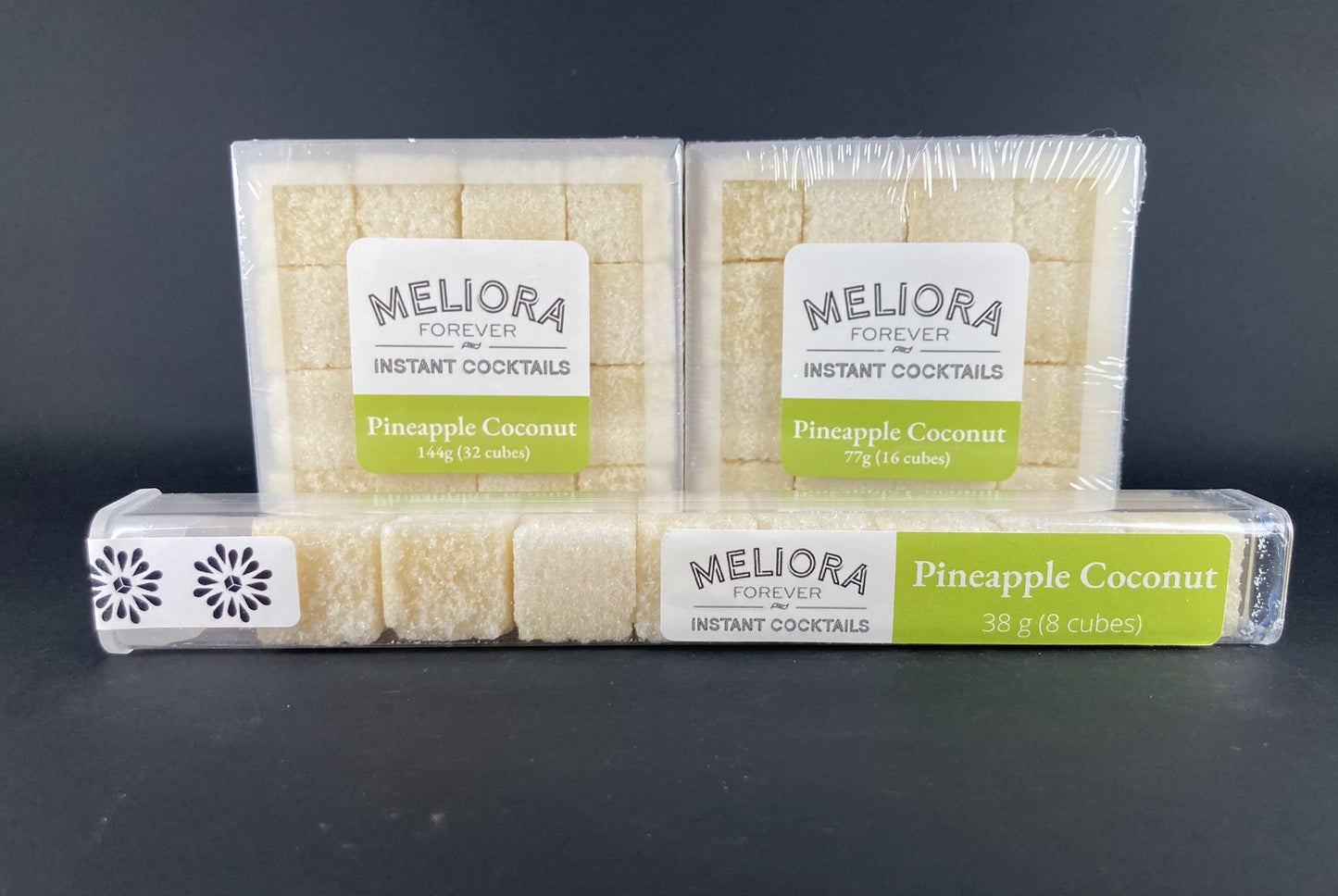 Instant cocktail cube to make a Pineapple  Coconut Cocktail, which includes Cane sugar, Scrappy's Lime bitters, coconut powder, lime powder, lime oil, coconut concentrate, coconut cream extract.