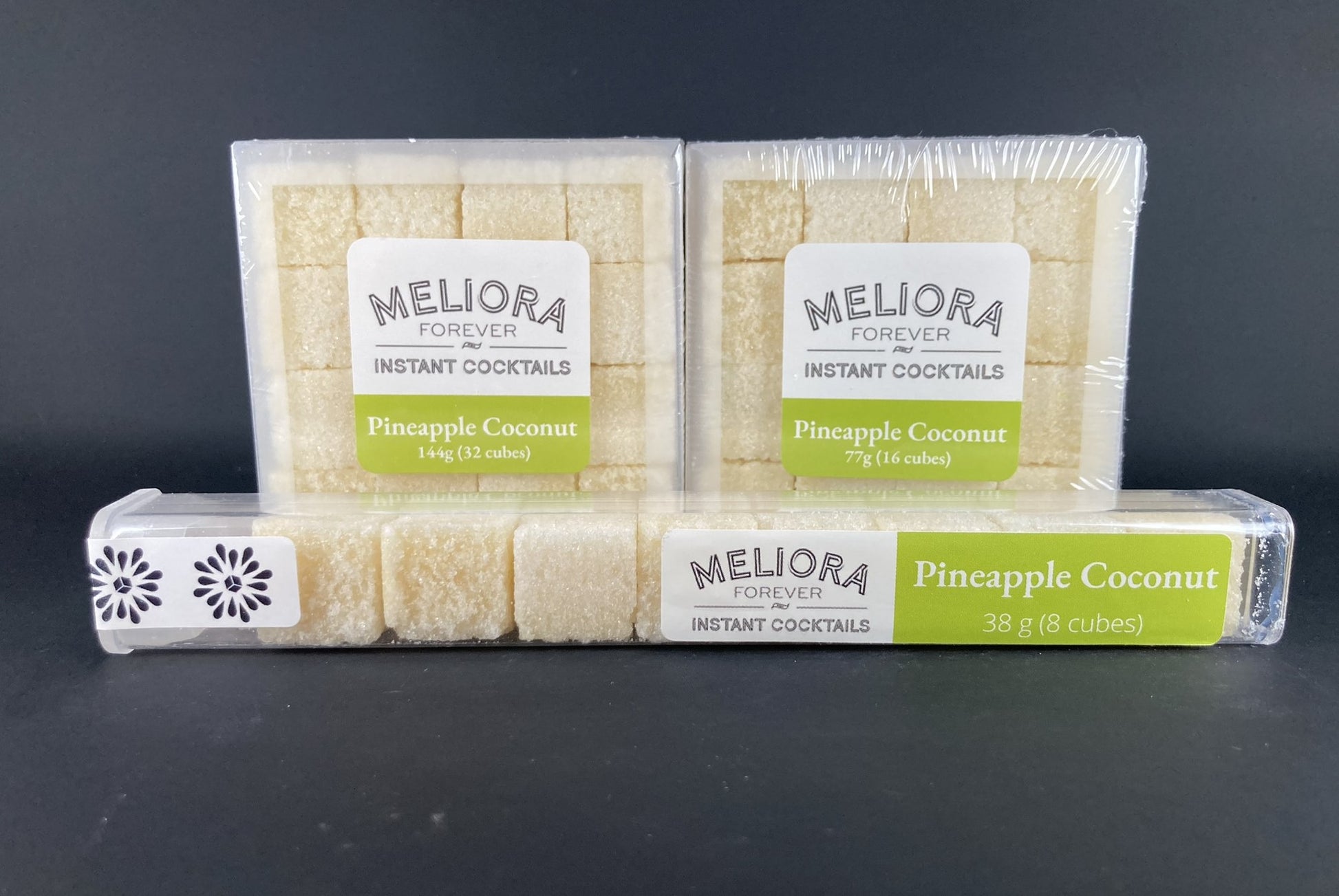 Instant cocktail cube to make a Pineapple  Coconut Cocktail, which includes Cane sugar, Scrappy's Lime bitters, coconut powder, lime powder, lime oil, coconut concentrate, coconut cream extract.