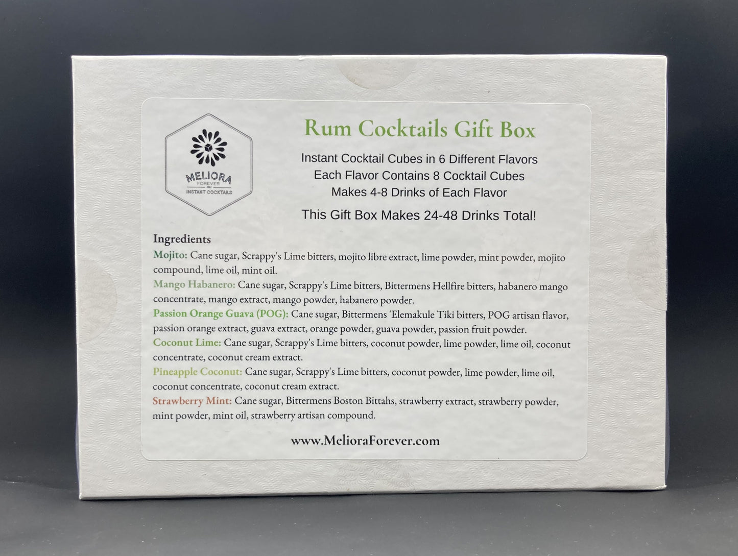 instant cocktail cubes, including 6 different flavors. Sugar cubes infused with bitters, fruits, and natural flavors. Each flavor is packaged in an 8-count tube. Flavors include Passion Orange Guava (POG), Coconut Lime, Pineapple Coconut, Mojito, Mango Habanero and Strawberry Mint.