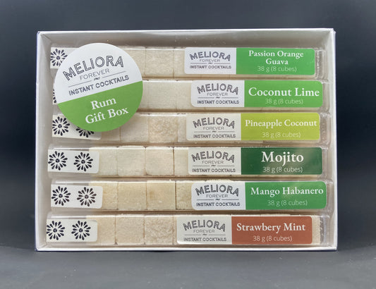 instant cocktail cubes, including 6 different flavors. Sugar cubes infused with bitters, fruits, and natural flavors. Each flavor is packaged in an 8-count tube. Flavors include Passion Orange Guava (POG), Coconut Lime, Pineapple Coconut, Mojito, Mango Habanero and Strawberry Mint.