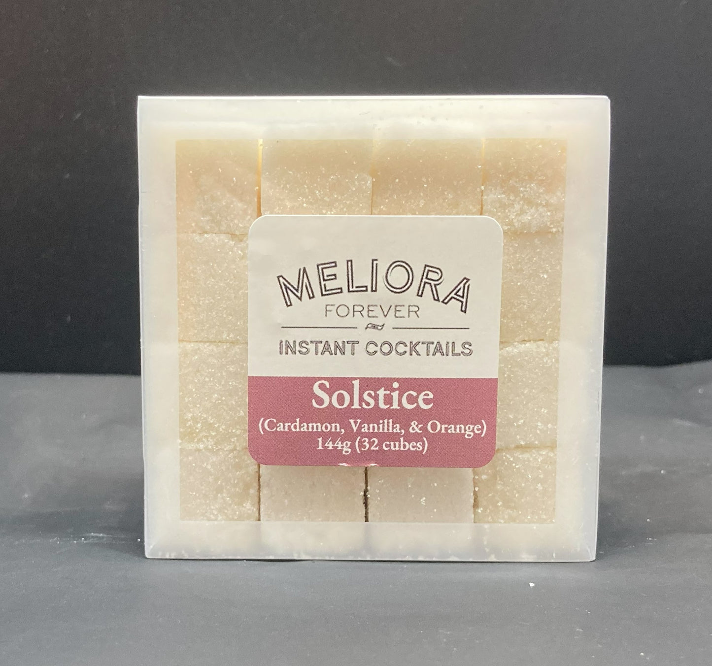 Instant cocktail cube to make a Solstice (Cardamom, Vanilla & Orange) Cocktail, which includes Cane sugar, King Floyd's Cardamom bitters, cardamom extract, vanilla extract, cardamom flavor powder, orange extract. 32 Count Box.