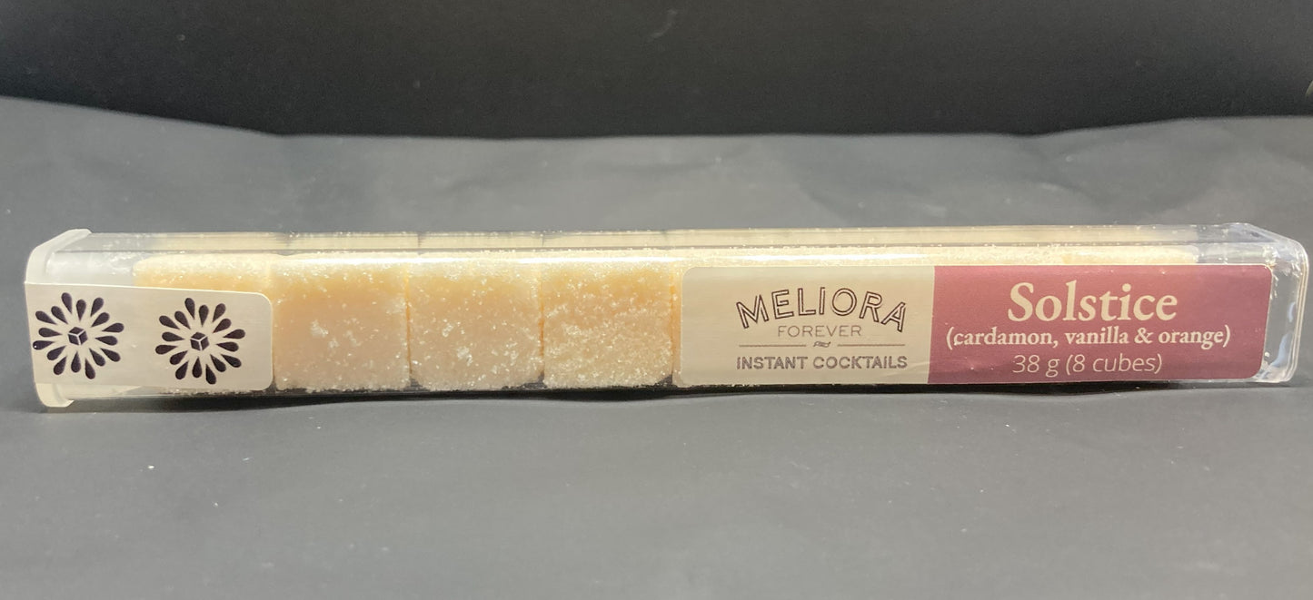Instant cocktail cube to make a Solstice (Cardamom, Vanilla & Orange) Cocktail, which includes Cane sugar, King Floyd's Cardamom bitters, cardamom extract, vanilla extract, cardamom flavor powder, orange extract. 8 Count Tube.