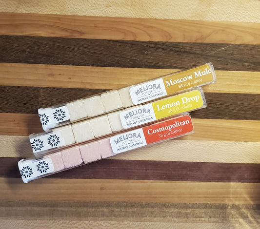 instant cocktail cubes, including 3 different flavors. Sugar cubes infused with bitters, fruits, and natural flavors. Each flavor is packaged in an 8-count tube. Flavors include Moscow Mule (Buckspice Ginger, Moscow Mule, Lime and Mint), Lemon Drop (Black Lemon and Lemon) and Cosmopolitan.