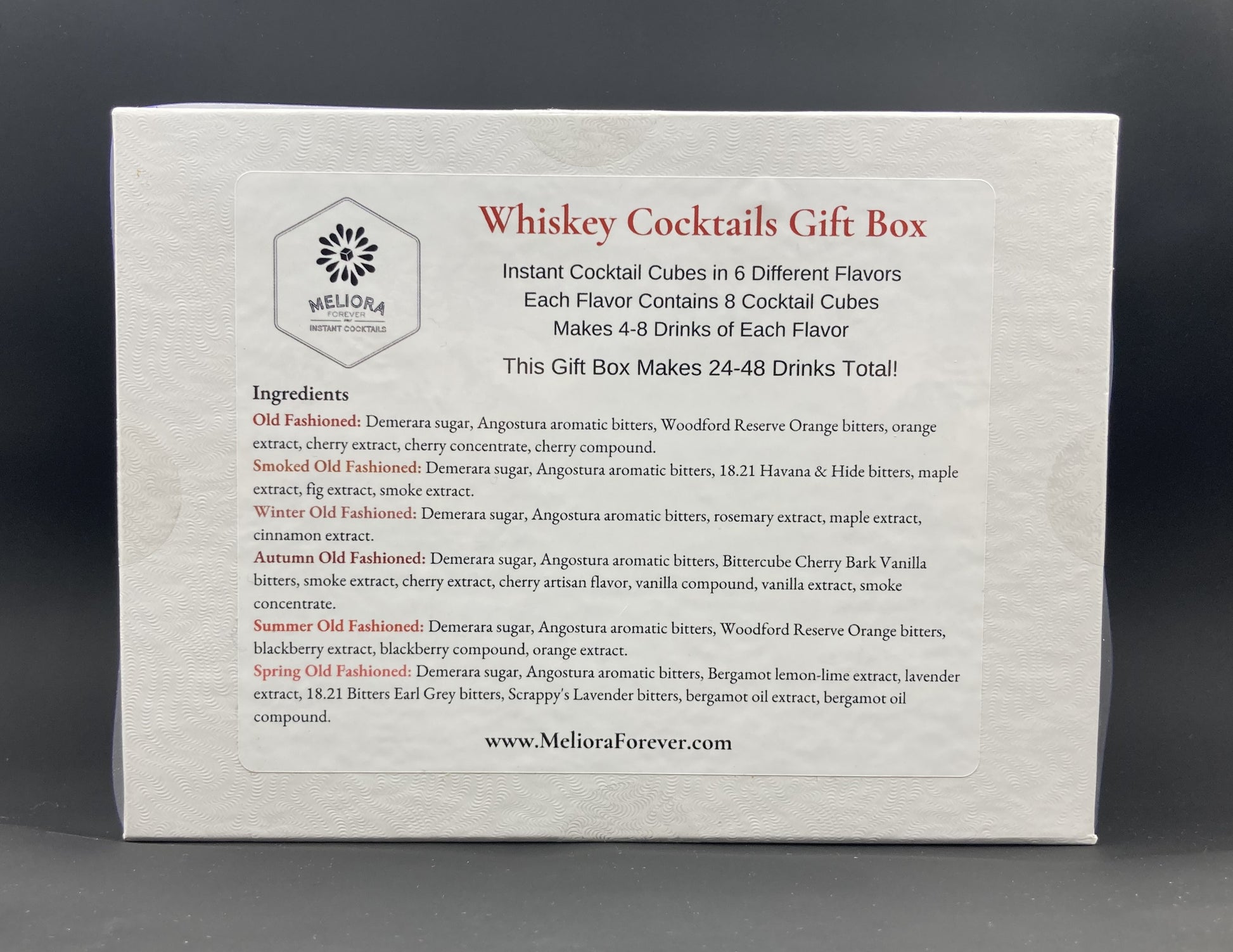 instant cocktail cubes, including 6 different flavors. Sugar cubes infused with bitters, fruits, and natural flavors. Each flavor is packaged in an 8-count tube. Flavors include Old Fashioned, Smoked Maple Old Fashioned, Winter Old Fashioned, Autumn Old Fashioned, Summer Old Fashioned and Spring Old Fashioned.