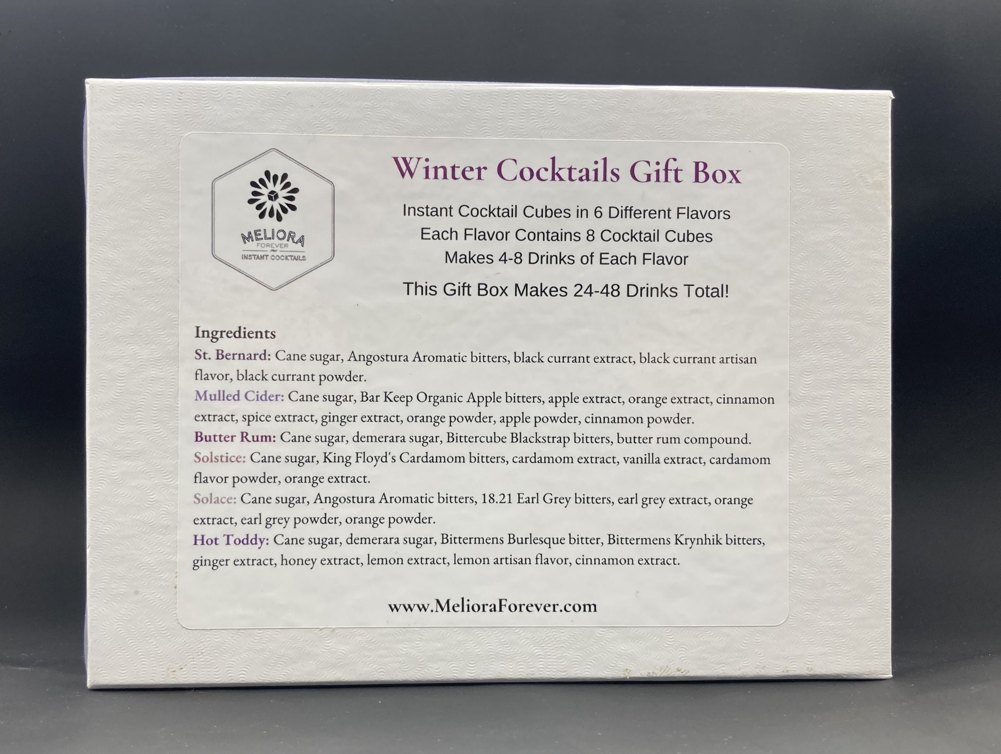 instant cocktail cubes, including 6 different flavors. Sugar cubes infused with bitters, fruits, and natural flavors. Each flavor is packaged in an 8-count tube. Flavors include St Bernard (Black Currant, Aromatic Bitters), Solstice (Cardamom, Vanilla, Orange), Mulled Cider, Butter Rum, Solace and Hot Toddy.