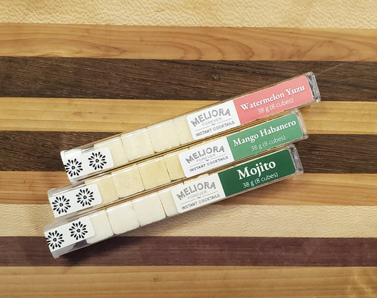 instant cocktail cubes, including 3 different flavors. Sugar cubes infused with bitters, fruits, and natural flavors. Each flavor is packaged in an 8-count tube. Flavors include Mango Habanero (Lime, Hellfire, Habanero Mango), Watermelon Yuzu and Mojito.