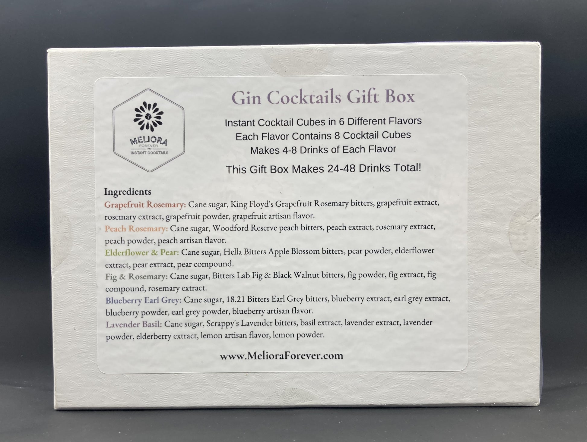 instant cocktail cubes, including 6 different flavors. Sugar cubes infused with bitters, fruits, and natural flavors. Each flavor is packaged in an 8-count tube. Flavors include Grapefruit Rosemary, Peach Rosemary, Elderflower & Pear, Fig & Rosemary, Blueberry Earl Grey and Lavender Basil.