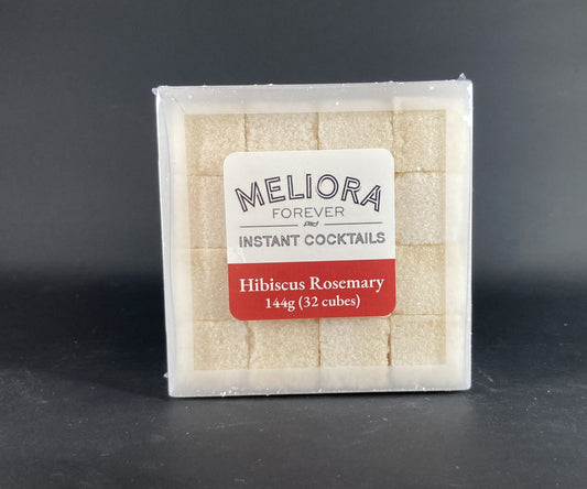Instant cocktail cube to make a Hibiscus Rosemary Cocktail, which includes Cane sugar, Bittermens Burlesque bitters, hibiscus extract, rosemary extract. 32 Count Box