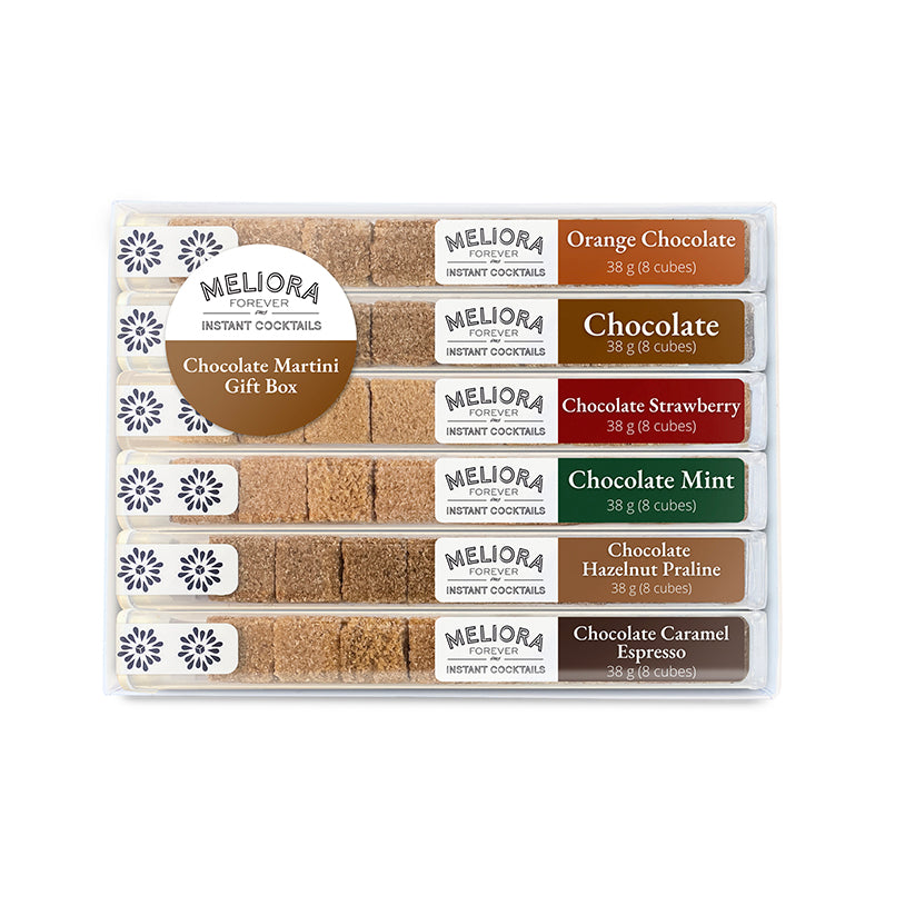 Meliora Forever Instant Cocktail Cubes Chocolate Martini Gift Box, Including Orange Chocolate, Chocolate, Chocolate Strawberry, Chocolate Mint, Chocolate Hazelnut Praline, and Chocolate Caramel Espresso