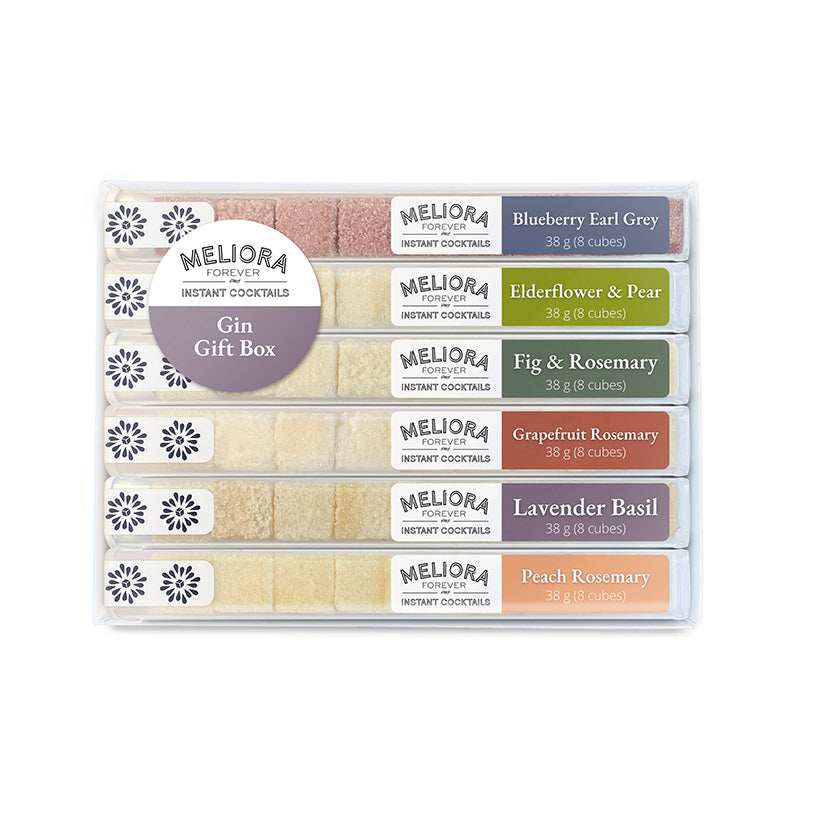 Gin Cocktails Gift Box by Meliora Forever. Gift box includes 6 different cocktail mixers.