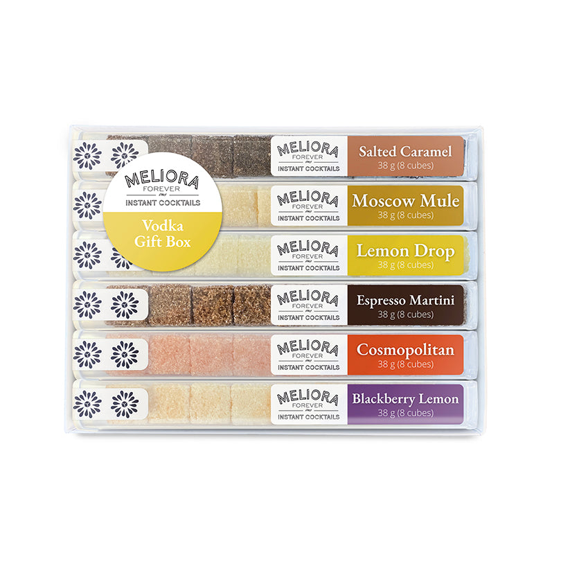 Meliora instant cocktails gift box with various flavors on a white background