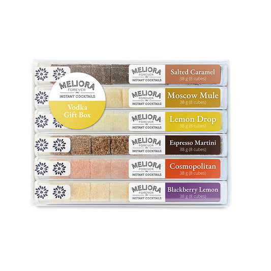 Meliora instant cocktails gift box with various flavors on a white background