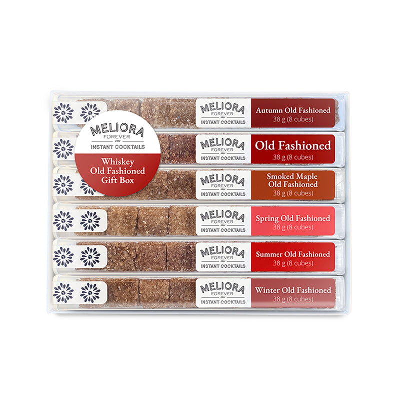 Meliora Forever Whiskey Old Fashioneds Gift Box! These flavors were formulated to pair with everything from a traditional whiskey, to a rye, scotch, or bourbon. We suggest dissolving your cube(s) in a bit of warm water first before adding your spirit. This first step will result in a smooth (not grainy) cocktail. The general rule of thumb is to add 1 shot of liquor per Instant Cocktail Cube. WHISKEY OLD FASHIONEDS COCKTAILS GIFT BOX Instant Cocktail Cubes in 6 Different Flavors Each Flavor Contains 8 Cocktail Cubes Makes 4-8 Drinks of Each Flavor This Gift Box Makes 24-48 Drinks Total!