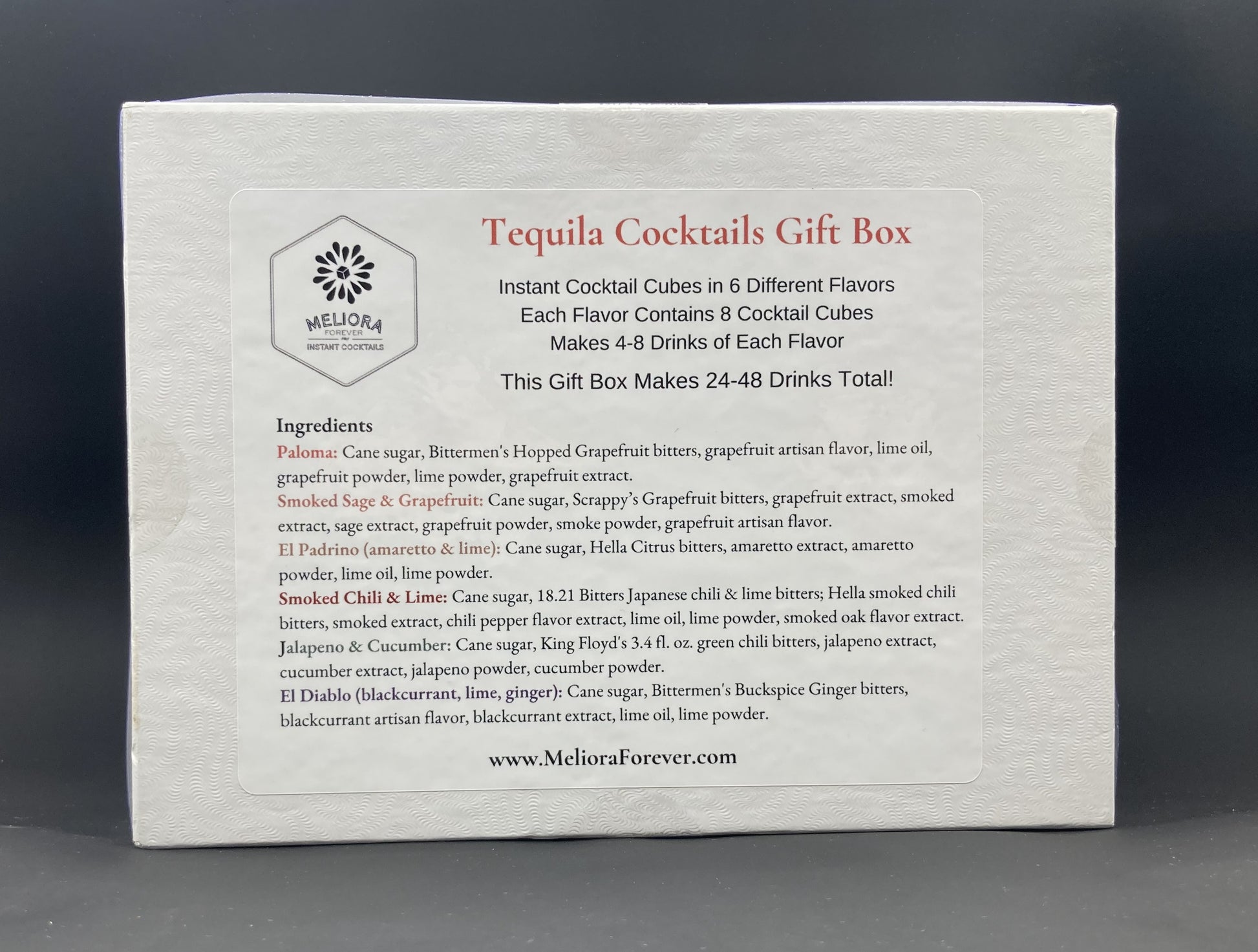 instant cocktail cubes, including 6 different flavors. Sugar cubes infused with bitters, fruits, and natural flavors. Each flavor is packaged in an 8-count tube. Flavors include El Diablo (Blackcurrant, Lime, Gnger), El Padrino (Amaretto & Lime), Paloma, Smoked Sage & Grapefruit, Smoked Chili & Lime and Jalapeno & Cucumber.