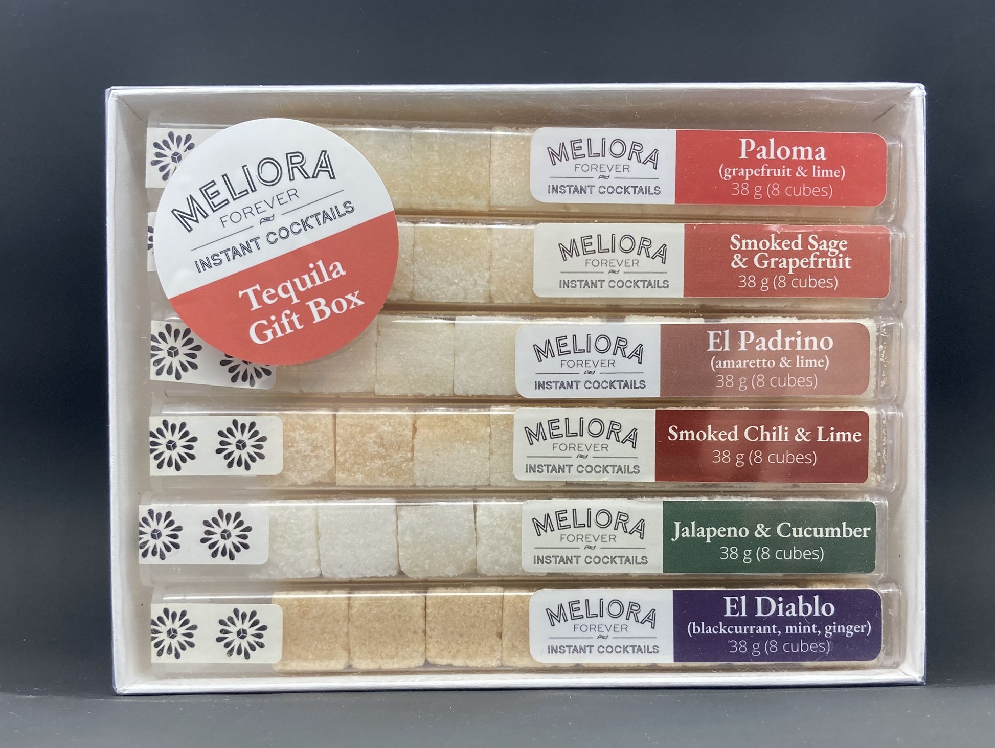 instant cocktail cubes, including 6 different flavors. Sugar cubes infused with bitters, fruits, and natural flavors. Each flavor is packaged in an 8-count tube. Flavors include El Diablo (Blackcurrant, Lime, Gnger), El Padrino (Amaretto & Lime), Paloma, Smoked Sage & Grapefruit, Smoked Chili & Lime and Jalapeno & Cucumber.
