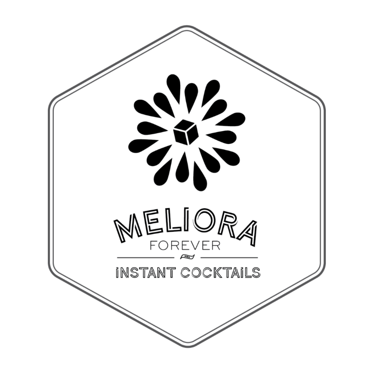 Hexagonal logo for Meliora Instant Cocktails with a black floral design on a white background