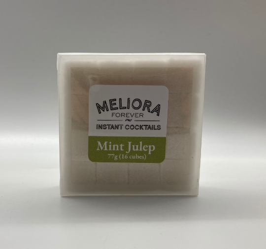 Three packages of Meliora Instant Cocktail cubes labeled Mint Julep, displayed in front of a white background.